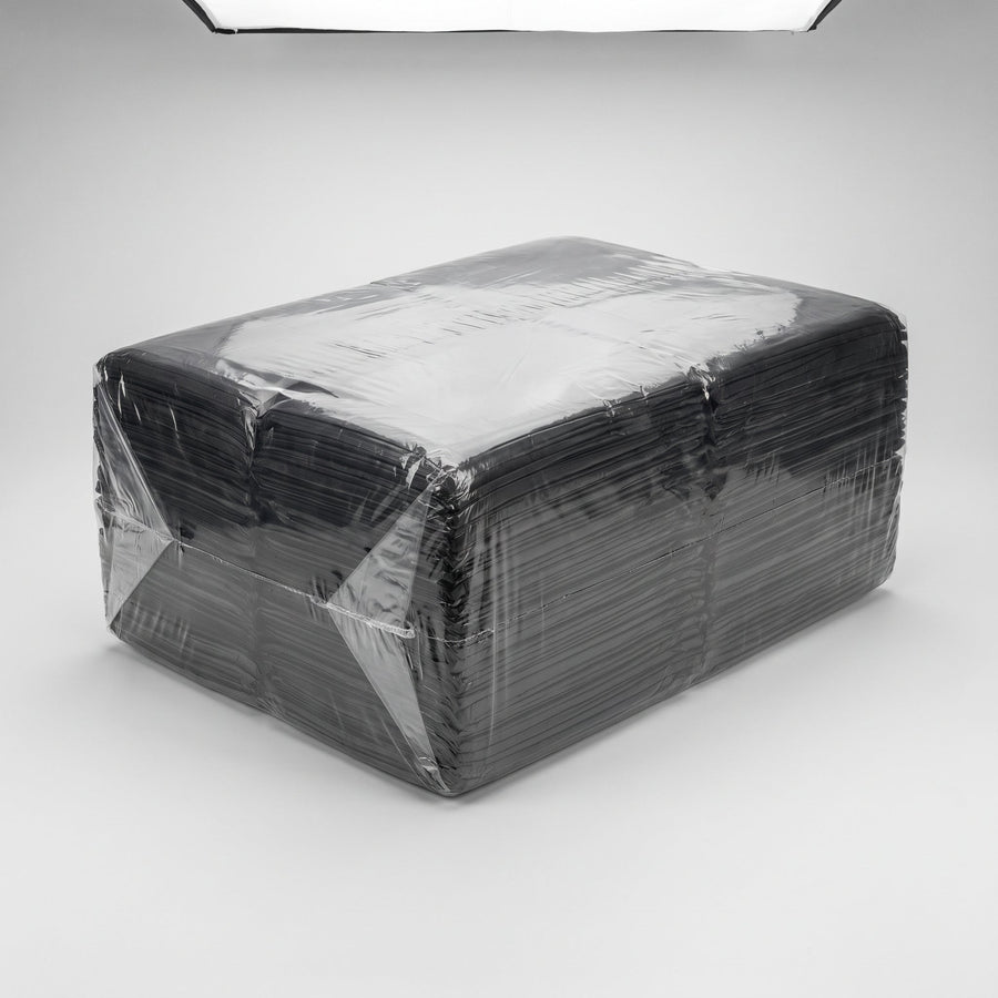 Wrapped full case of flat-packed 3 mil contractor bags